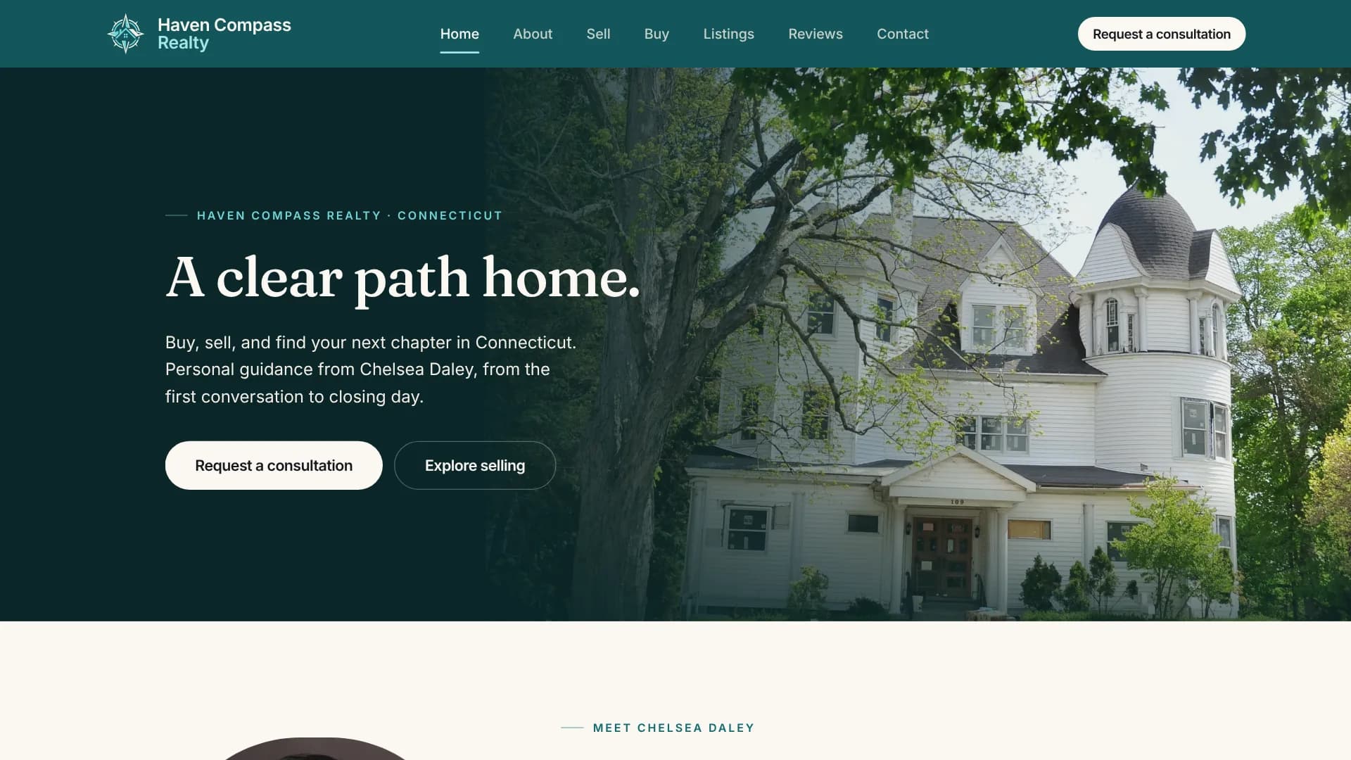 The Haven Compass Realty homepage: “A clear path home.” with buttons to request a consultation or explore selling